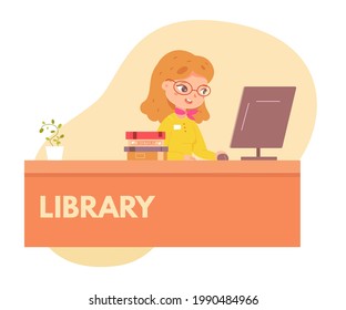 Librarian at library scene. Young woman working at desk on computer monitor vector illustration. Modern counter with books, plant isolated on white background. School or university.