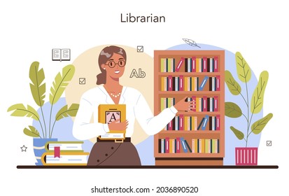 Librarian. Library staff cataloguing and sorting books in archive. Knowledge and education idea. Llibrary reading room guid. Isolated vector illustration