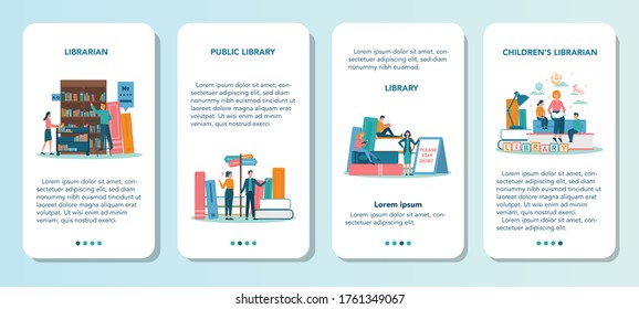 Librarian mobile application banner set. Library staff holding and sorting book. Knowledge and education idea. Llibrary bookshelves guid. Isolated vector illustration