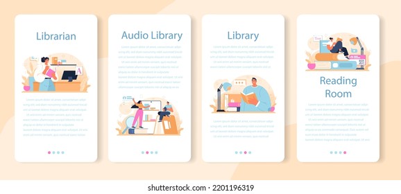 Librarian mobile application banner set. Library staff cataloging and sorting books in a storage, filling out library cards. Llibrary reading room guid. Flat vector illustration