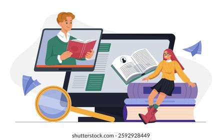 Librarian online concept. Woman with stack of books near computer. Love for reading and literature. Electronic bookstore with digital books. Flat vector illustration