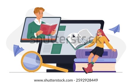 Librarian online concept. Woman with stack of books near computer. Love for reading and literature. Electronic bookstore with digital books. Flat vector illustration