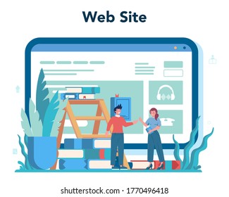 Bibliothekare Online-Service oder Plattform. Idee von Wissen und Bildung. Website. Bibliotheksbücherregale bilden Gitter. Einzelne Vektorgrafik