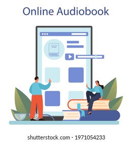 Librarian online service or platform. Library staff cataloguing and sorting books. Knowledge and education idea. Online audiobook. Isolated vector illustration