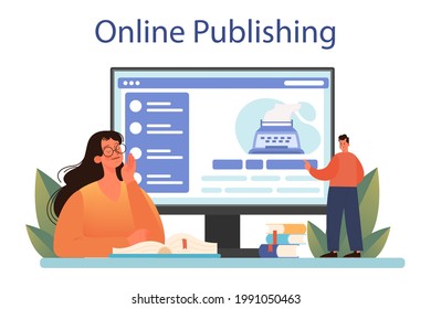 Librarian online service or platform. Library staff cataloguing and sorting books. Knowledge and education idea. Online publishing. Isolated vector illustration