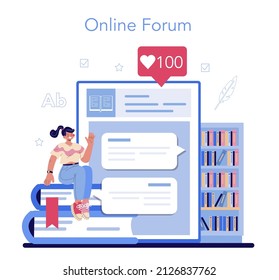 Librarian Online Service Or Platform. Library Staff Cataloguing And Sorting Books. Knowledge And Education. Library Reading Room. Online Forum. Vector Illustration