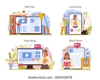 Librarian online service or platform set. Library staff cataloguing and sorting books in archive. Llibrary reading room guid. Online book, call, video blog, website. Flat vector illustration