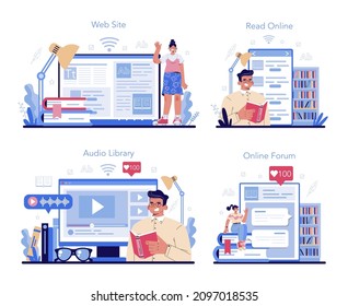 Librarian Online Service Or Platform Set. Library Staff Cataloguing And Sorting Books. Knowledge And Education. Library Reading Room. Online Read, Forum, Audio Library, Website. Vector Illustration