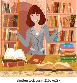 Librarian with an open book on background bookshelf