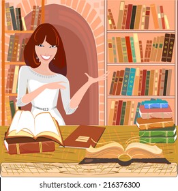 Librarian with an open book on background bookshelf