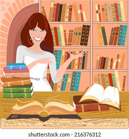 Librarian with an open book on background bookshelf