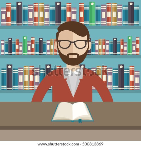 librarian is reading a book in a library