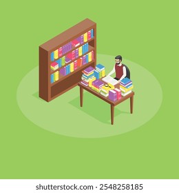 Librarian researching and reading a book at a desk with stacks of books, and a magnifying glass next to a full bookshelf in a library setting