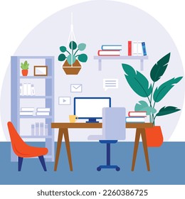 Librarian Room decor concept, Biophilic Office vector color icon design, Green Office symbol, Eco Friendly Workspace sign, Modern interior design elements stock illustration 