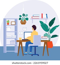 Librarian Room decor concept, Biophilic Office vector color icon design, Green Office Worker symbol, Eco Friendly Workspace sign, aesthetic interior design elements stock illustration
