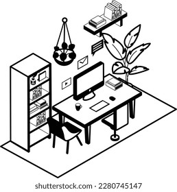 Librarian Room decor concept, Biophilic Office vector icon design, Green Office symbol, Eco Friendly Workspace sign, Modern interior isometric black stock illustration