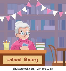 Librarian in the school library, studying at school, reading.
Vector children's illustration