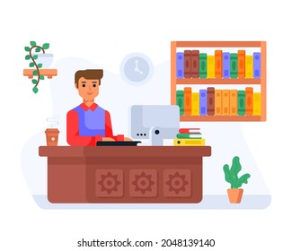 A librarian sitting on a table with books behind, flat icon