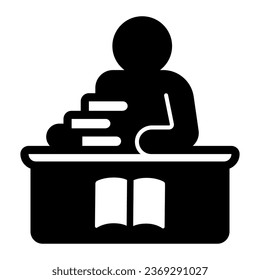 Librarian with stack of books solid icon, children book day concept, man at table vector sign on white background, librarian glyph style for mobile concept and web design. Vector graphics