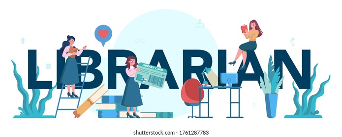 Librarian typographic header concept. Library staff holding and sorting book. Knowledge and education idea. Llibrary bookshelves guid. Isolated vector illustration