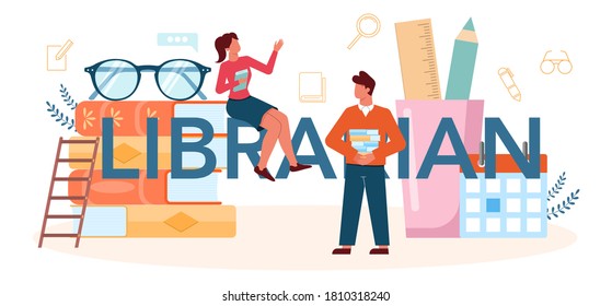 Librarian typographic header. Library staff lending out and recommendating book. Knowledge and education idea. Llibrary bookshelves guid. Isolated vector illustration