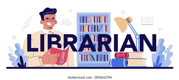 Librarian typographic header. Library staff cataloguing and sorting books. Knowledge and education idea. Library reading room guid. Flat vector illustration