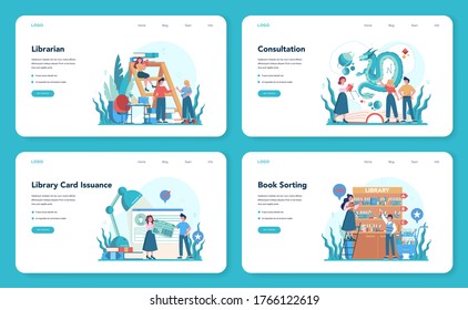 Librarian web banner or landing page set. Library staff holding and sorting book. Knowledge and education idea. Llibrary bookshelves guid. Isolated vector illustration