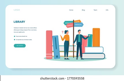 Librarian web banner or landing page. Library staff holding and sorting book. Knowledge and education idea. Llibrary bookshelves guid. Isolated vector illustration