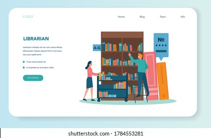 Librarian web banner or landing page. Library staff holding and sorting book. Knowledge and education idea. Llibrary bookshelves guid. Isolated vector illustration
