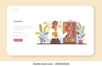 Librarian web banner or landing page. Library staff cataloguing and sorting books in archive. Knowledge and education idea. Llibrary reading room guid. Isolated vector illustration