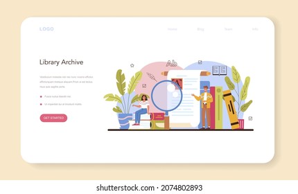 Librarian web banner or landing page. Library staff cataloguing and sorting books in archive. Knowledge and education idea. Llibrary reading room guid. Isolated vector illustration