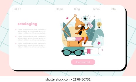 Librarian web banner or landing page. Library staff cataloging and sorting books in a storage, filling out library cards. Llibrary reading room guid. Isolated vector illustration