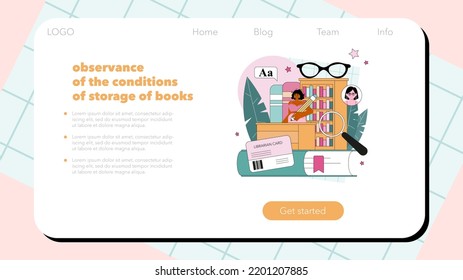 Librarian web banner or landing page. Library staff cataloging and sorting books in a storage, filling out library cards. Llibrary reading room guid. Isolated vector illustration