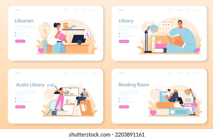 Librarian web banner or landing page set. Library staff cataloging and sorting books in a storage, filling out library cards. Llibrary reading room guid. Flat vector illustration