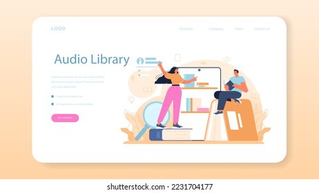 Librarian web banner or landing page. Library staff cataloging and sorting books in a storage, filling out library cards. Llibrary reading room guid. Flat vector illustration