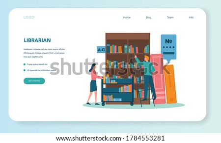 Librarian web banner or landing page. Library staff holding and sorting book. Knowledge and education idea. Llibrary bookshelves guid. Isolated vector illustration