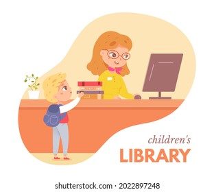 Librarian working at children's library scene. Young woman at desk with computer monitor, books, plant vector illustration. Little boy asking book to read on white background.