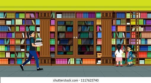 Librarians are moving books in the library.