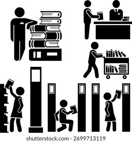 Conjunto de Ícones de Atividades de Biblioteca e Serviços de Biblioteca - Silhuetas de Gerenciamento de Leitura e Livros