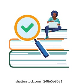 Library, African American girl student with laptop sitting on stack of books, education, science. Green tick of the magnifying glass. Quality control, validation or concept. Vector illustration