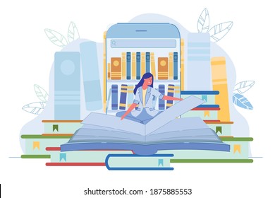 Library Application for Reading Book Online via Phone. Young Woman Reader Turn Huge Textbook Page Sitting over Big Smartphone with Bookshelf on Screen. E-Book and E-Learn. Vector Illustration