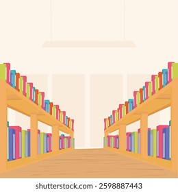 Library archive room with rows of shelves full of books. Modern library interior vector. Flat design illustration in colorful style