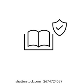 Library, archive verification. Safe reading and verified content. Book, shield and checkmark. Pixel perfect, editable stroke vector icon
