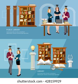 Library banners students read books interior professional library bookshelf education people vector illustration 