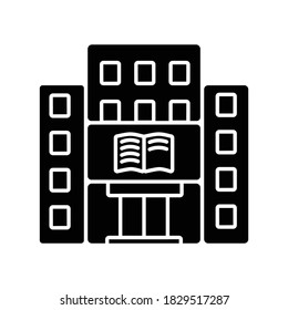 Library black glyph icon. University, college library. Bookstore. Student life. Educational building front. Architecture. Silhouette symbol on white space. Vector isolated illustration