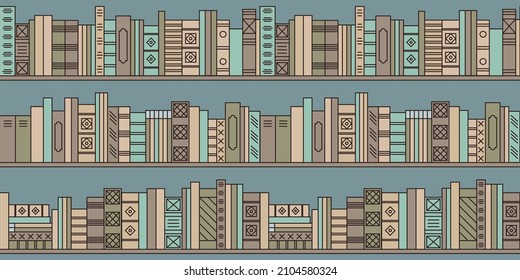 Library, book background. Vector colorful illustration. Bookcase, shelving, shelves in the store. Seamless pattern.