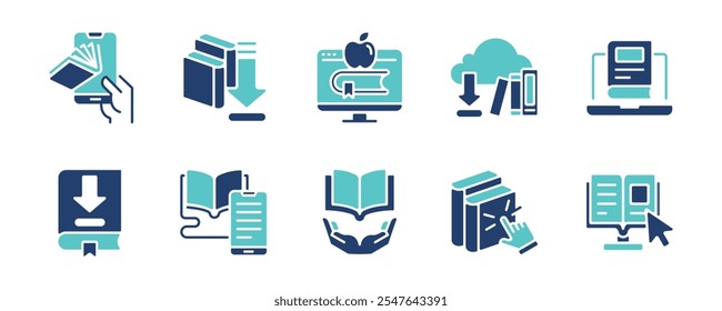 Bibliotheksbuch herunterladen Online-Bildung Symbol Set digitales E-Book lesen Zeitschrift Literatur Schule E-Learning Vektorgrafik Business Cloud-Lernen Zeichen für Web und App