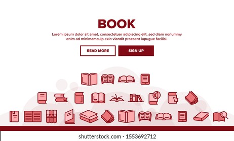 Library Book Landing Web Page Header Banner Template Vector. Opened And Closed Publishing Book For Education And Reading Linear Pictograms. Literature Bookstore Illustration