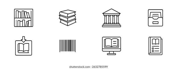 Bibliothek, Buch lineare Ikonensatz - Umriss-, Lese- und Archivsymbole