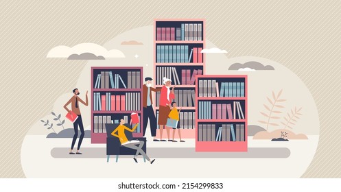 Library for book and literature reading and learning tiny person concept. Archive study and search for information in old textbooks vector illustration. Encyclopedia resource storage in bookshelf.